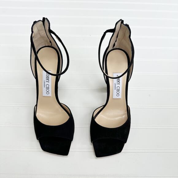 Jimmy Choo Black Suede Reon Sandals Square Toe Ankle Strap 37 - Picture 2 of 12